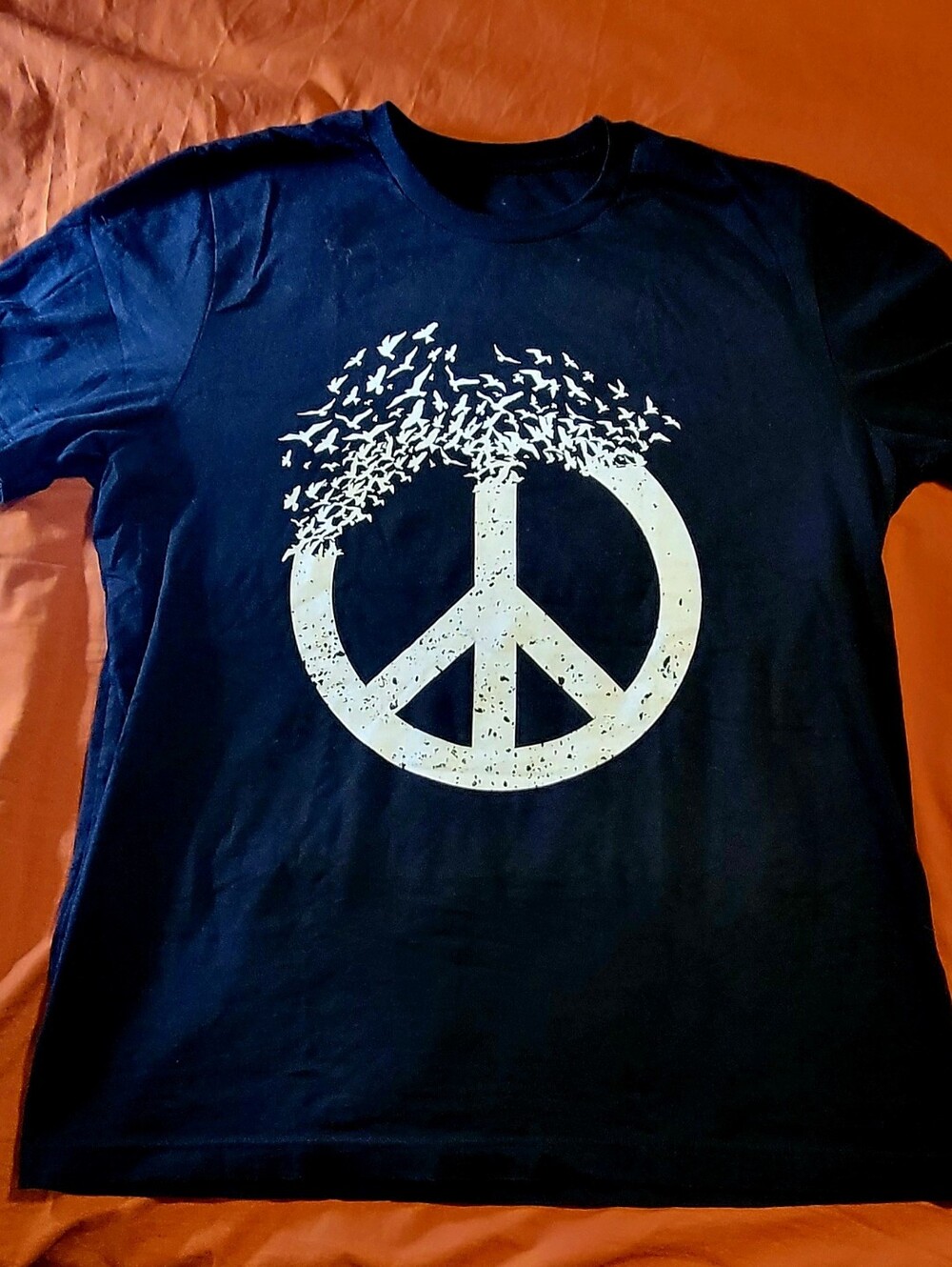 Black Graphic Peace Sign T‑Shirt with White Bird Design
